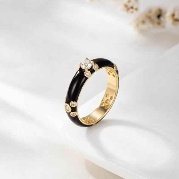 Personalized Birthstone Ring with Black/White Band, Minimalist Stackable Ring Gift for Her on Birthday/Mother's Day