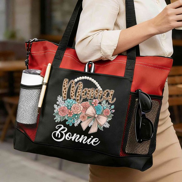 Sac fourre-tout personnalisé avec nom et poches en filet, sac à main de grande capacité, utilisation quotidienne, cadeau de fête des mères/anniversaire pour maman/grand-mère/elle
