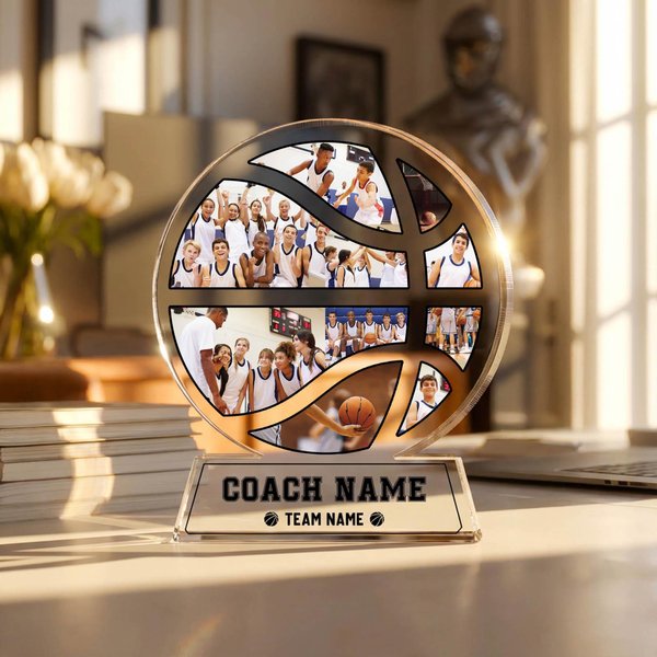 Plaque en forme de ballon avec photos d'équipe et nom, décoration de bureau en acrylique pour le basket-ball, le rugby, le base-ball et le softball, cadeau de match pour les joueurs/entraîneurs.