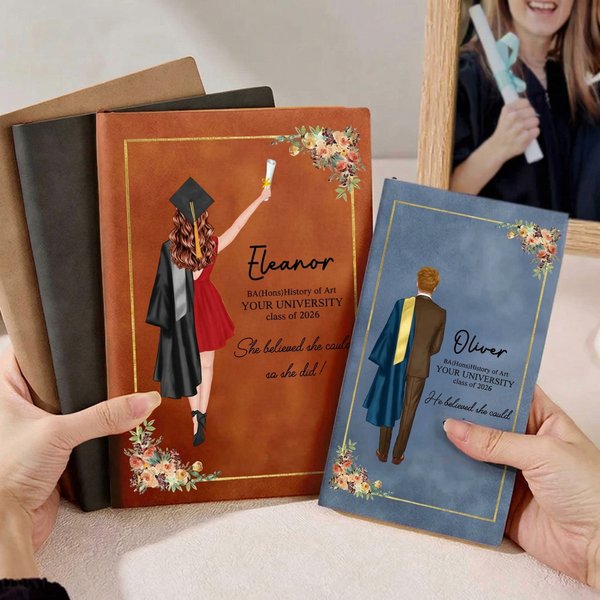 Personalized Cartoon Graduate Character Name A5 A6 PU Leather Notebook with Year and School Graduation Gift for 2026 Graduates