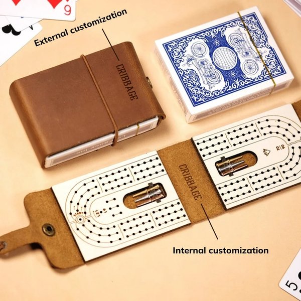 Personalized Portable Engraved Text PU Leather Cribbage Board with Playing Cards and Elastic Rope Travel Outdoor Game Birthday Gift for Family Friends