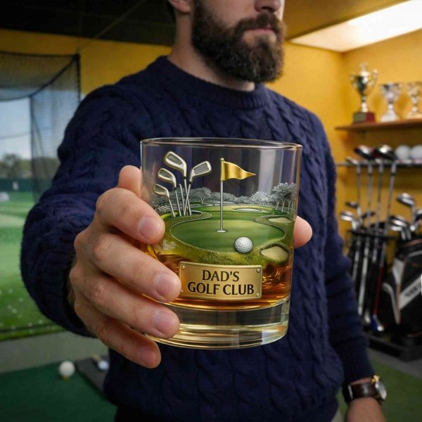 Verre à whisky avec texte, design de parcours de golf, 19ème trou, cadeau d'anniversaire pour les amateurs de golf/papa/mari.