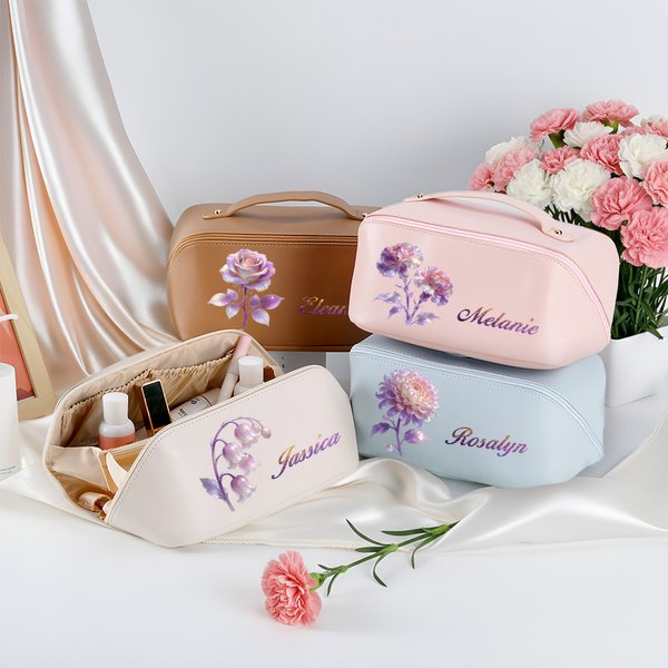 Personalized Birth Flower PU Leather Wide Opening Makeup Bag with Name Travel Essential Daily Use Birthday Gift for Women