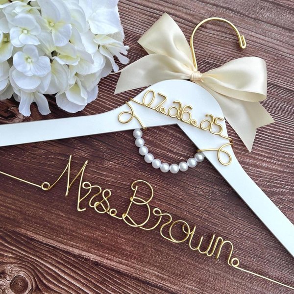 Personalized Wedding Dress Hanger: Pearls, Custom Name & Date