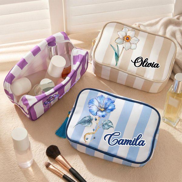 Personalized Birth Flower Striped Canvas Makeup Bag with Tassel and Name Travel Mother's Day Birthday Gift for Mom Woman