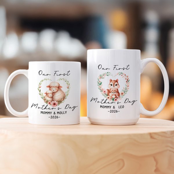 Personalized Heart Wreath Cute Mom-Kid Animals Ceramic Coffee Mug with Text and Coaster Daily Use First Mother's Day Gift for Mom