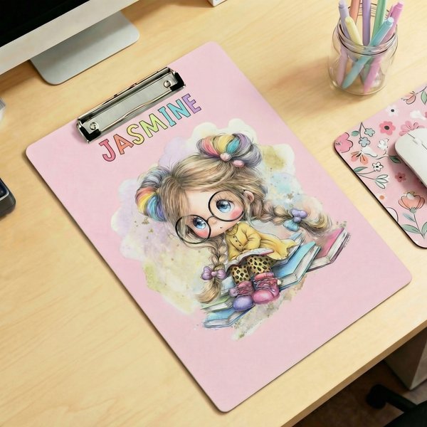 Personalized Cartoon Reading Girl Acrylic Clipboard with Name Back to School Birthday Gift for Students
