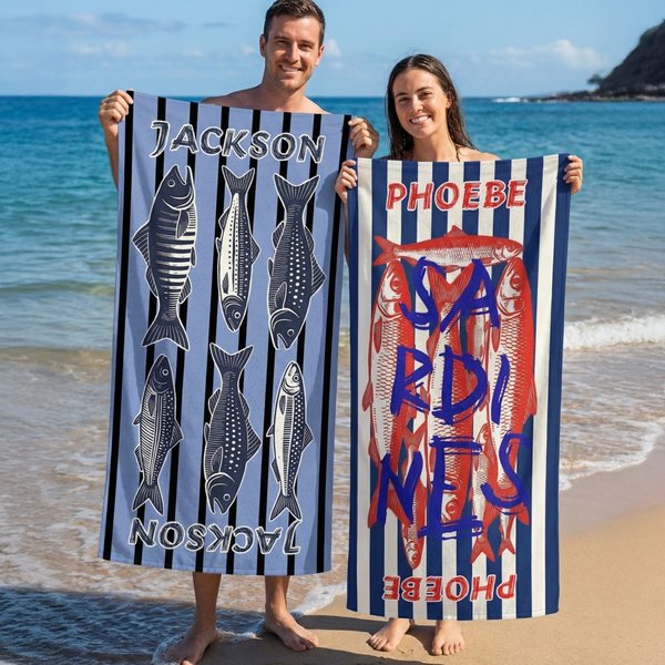 Serviette de plage en microfibre à séchage rapide Sardines Poissons plats et sac à cordon avec nom, cadeau de vacances/anniversaire pour les amoureux de la pêche