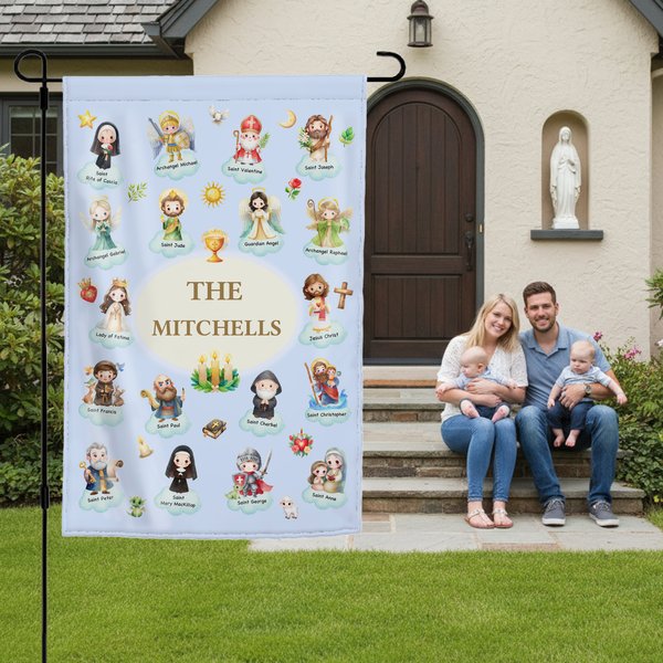 Personalized Cartoon Holy Saints of Heaven Guardian Garden Flag with Name Yard Porch Decor Birthday Children's Day Gift for Kids Christians