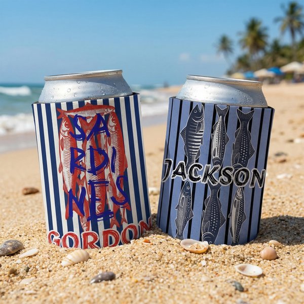 Sardine Mackerel Flounder Striped Insulated Beer Can Cooler Sleeve with Name Beach Party Birthday Gift for Fishing Enthusiasts (Sardine, maquereau, flet rayé, glacière isolante pour canettes de bière 