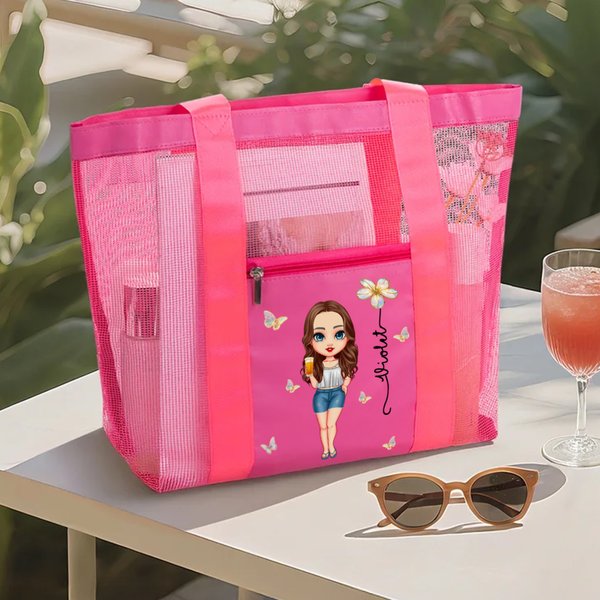 Personalized Cartoon Character Birth Flower Mesh Beach Tote Bag with Name Summer Vacation Swimming Pool Birthday Gift for Women Girls