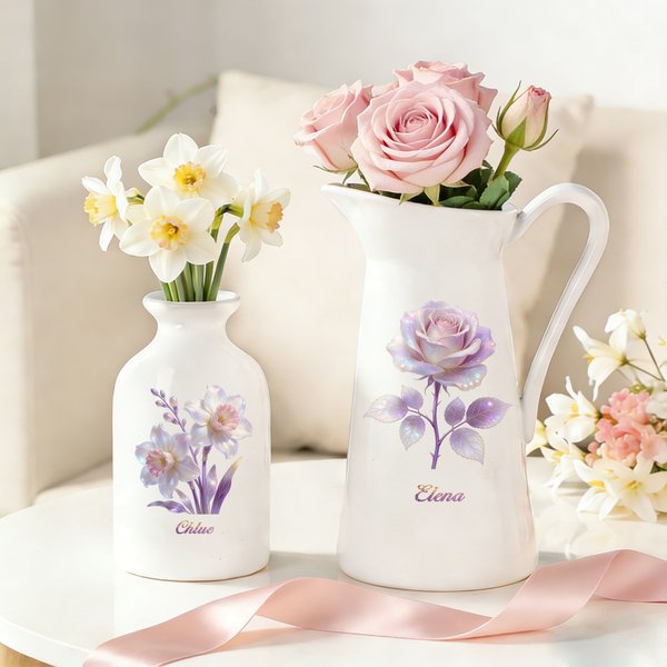 Personalized Glitter Birth Flower Ceramic Vase with Name Home Decoration Birthday Mother's Day Gift for Mom Grandma