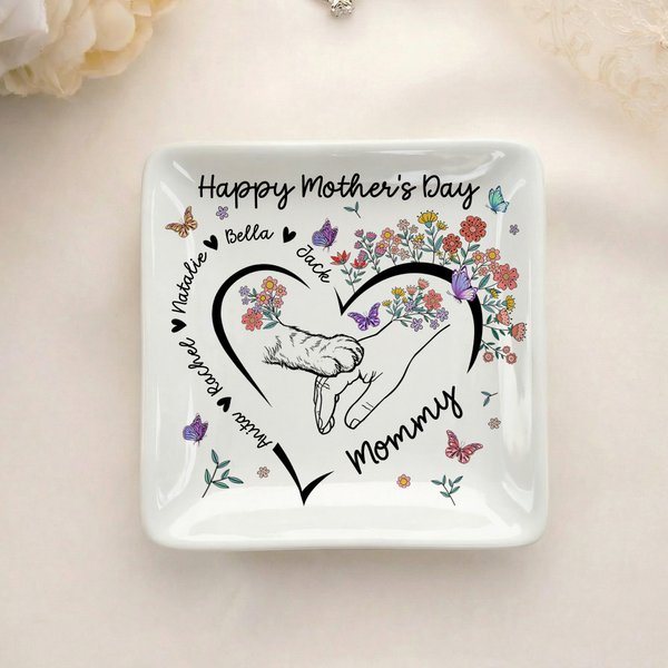 Personalized Paw Hands Flower Butterfly Heart Ceramic Trinket Jewelry Dish with 1-5 Names Mother's Day Birthday Gift for Mom Grandma