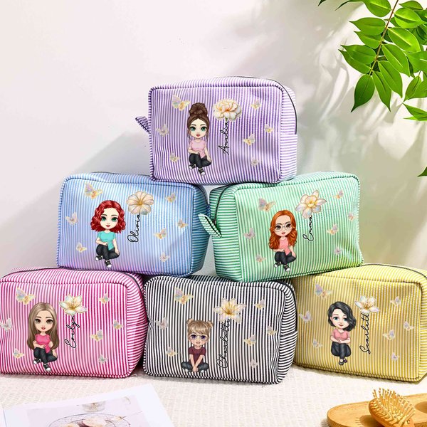 Personalized Multicolor Birth Flower Cartoon Character Striped Makeup Bag with Name Daily Travel Essential Birthday Mother's Day Gift for Women
