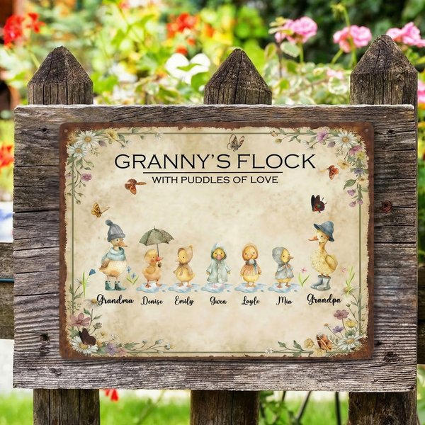 Personalized Duck Family Retro Garden Metal Sign with Name and Text Garden Decoration Mother's Day Birthday Gift for Grandma Mom