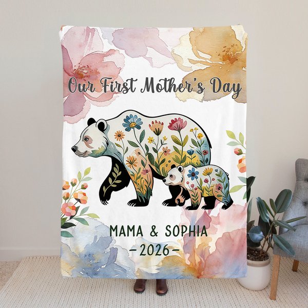 Personalized Floral Mom-Kid Bear Cozy Throw Blanket with Title and Text Home Decor Mother's Day Gift for Mom