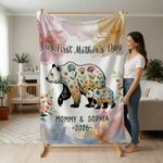 Personalized Floral Mom-Kid Bear Cozy Throw Blanket with Title and Text Home Decor Mother's Day Gift for Mom