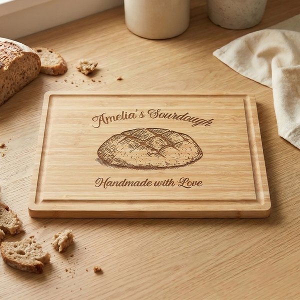 Personalized Engraved Name Sourdough Handmade with Love Charcuterie Cutting Board with Juice Groove Kitchen Decor Birthday Gift for Bakers