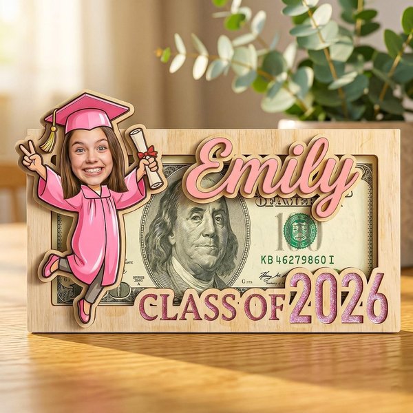 Porte-monnaie en bois personnalisé avec nom et année, Félicitations Classe 2026 Cadeau de fin d'études pour les diplômés