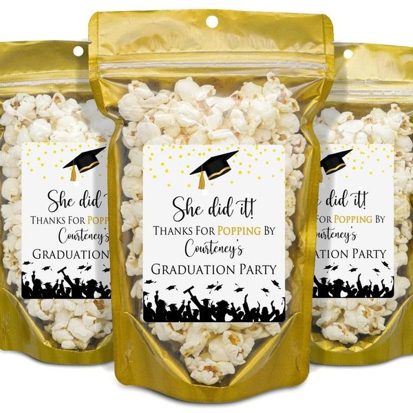 Sacs de popcorn et autocollants personnalisés avec nom, cadeaux de fin d'études, cadeaux de remerciement pour les invités