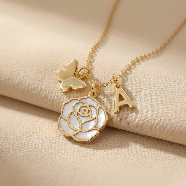 Personalized Mother of Pearl Birth Flower Necklace with Initial, Elegant Floral Pendant Jewelry Gift for Her on Mother's Day/Birthday