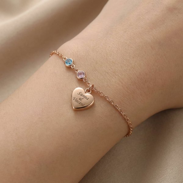 Bracelet coeur personnalisé avec pierre de naissance et breloque gravée, cadeau de bijoux pour demoiselle d'honneur et mariage
