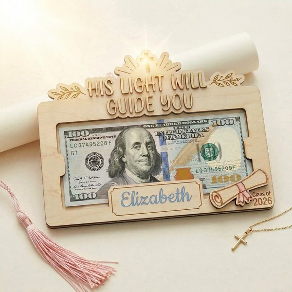 Custom Congratulations Class of Graduation Wooden Money Holder with Name and Year, Quato and Christian Cross Design, Graduation Gift for Graduates