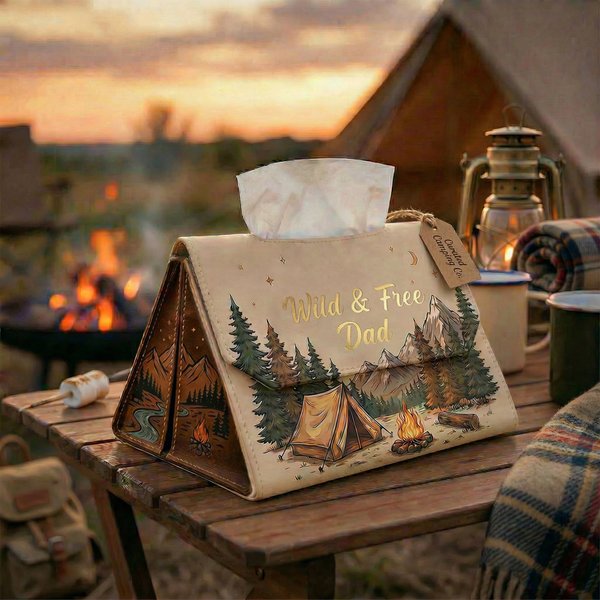 Boîte à mouchoirs en cuir personnalisée avec texte doré Cadeau de fête des pères pour le père, le mari et les amoureux du camping