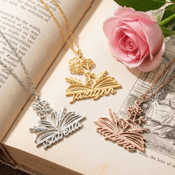 Collier de fleurs de naissance personnalisé pour amoureux des livres avec nom, bijoux de charme littéraire, cadeau d'anniversaire/de fête des mères pour elle