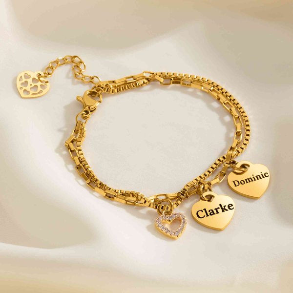 Personalized 1-6 Heart-Shaped Pendants Two-Layer Bracelet with Engraved Name Exquisite Jewelry Birthday Mother's Day Gift for Mother Grandmother