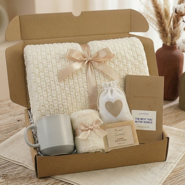 Custom Hug in a Box with Card, Mom Gift Set, Thinking of You Cozy Care Package, Self Care Basket, Christmas/Encouragement Gift for Family/Friends