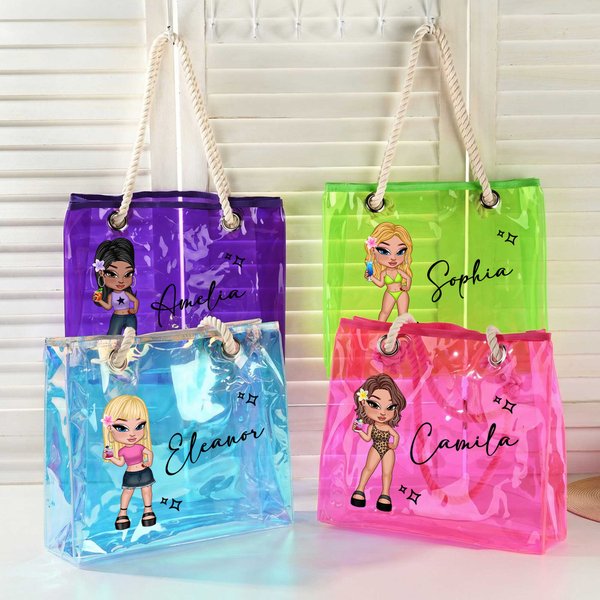 Personalized Waterproof Y2K Cartoon Character Neon Laser Clear Tote Bag with Name Birthday Bridal Party Gift for Women Girls
