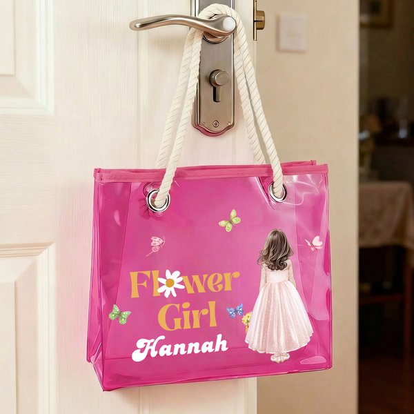 Personalized Cartoon Flower Girls Multicolor Waterproof Clear Tote Bag with Name Birth Flower Basket Bridal Shower Wedding Gift For Flower Girls