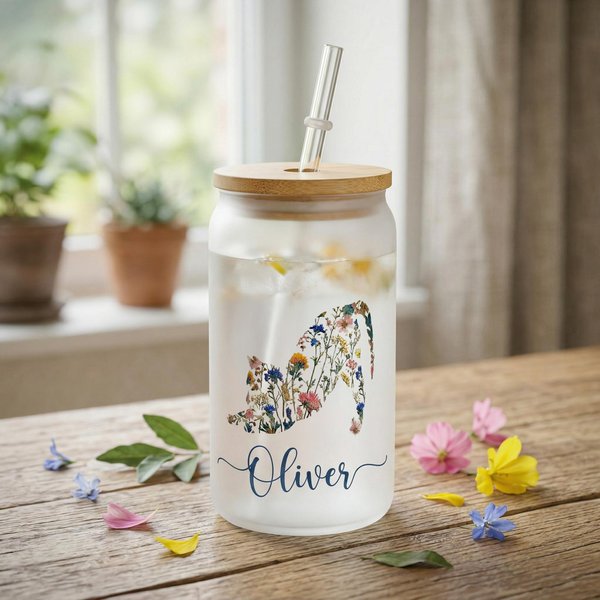 Gobelet personnalisé avec nom, gobelet en verre 12oz avec paille et couvercle en bambou, cadeau d'anniversaire pour l'amoureux des chats