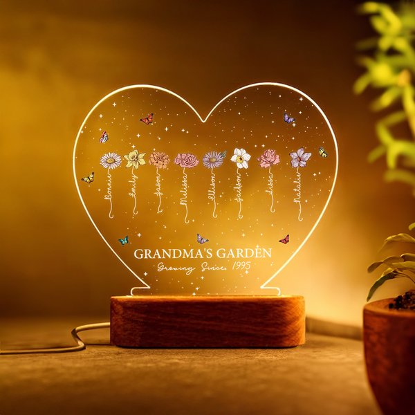 Custom 1-12 Birth Flowers Names Heart-Shaped LED Night Light, Night Lamp with Wooden Base, Home Decor, Mother's Day/Birthday Gift for Mom/Grandma