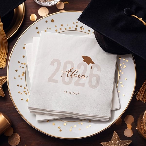 (Set of 15) Personalized Graduation Napkins, Class of 2026 Cocktail Napkins with Grad Cap for Graduation Party Decor, Gift for Graduates