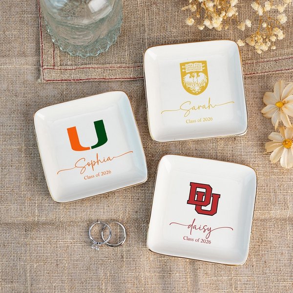Custom College Logo Trinket Dish with Name, Graduation Jewelry Dish, University Pride Trinket Tray, End of Year/Graduation Gift for Friends/Classmates