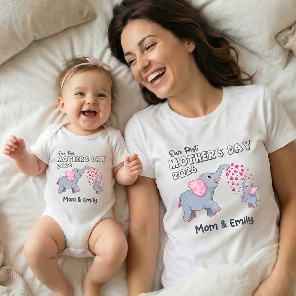 T-shirt personnalisé Maman Elephant 100% coton pour bébé avec noms assortis Cadeau de fête des mères pour nouveau-né et nouvelle maman