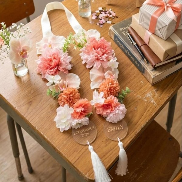 Lei de fin d'études personnalisé avec fleur d'orchidée jaune et de rose blanche, Charme du nom de la classe 2026 Cadeau pour diplômé(e)