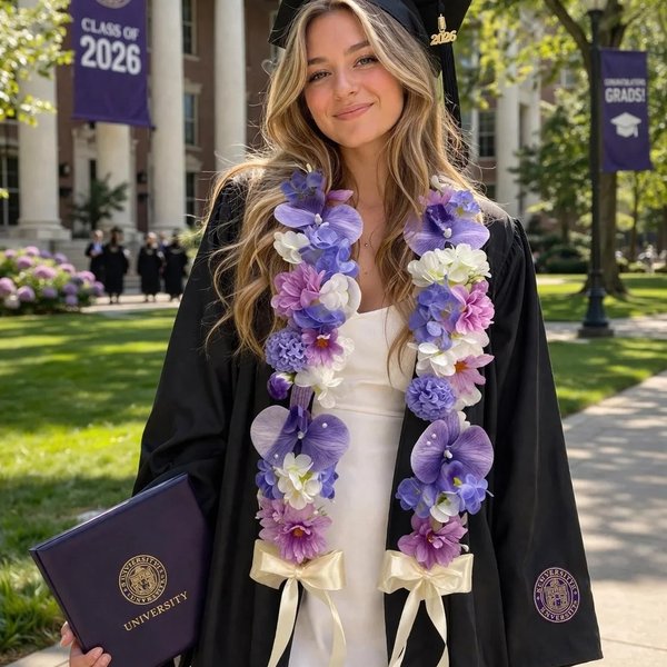Lei de fin d'études personnalisé fait main avec fleurs et perles pastel, avec ruban et noeud, cadeau de fin d'études pour diplômé(e)