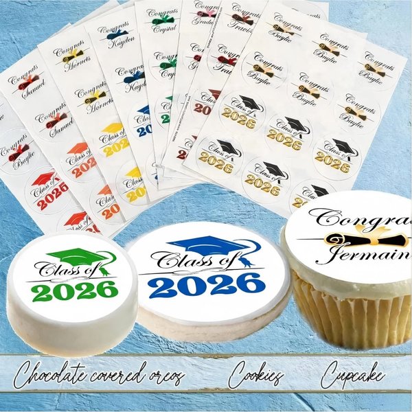 Classe 2026 Garnitures comestibles personnalisées pour Cupcake, Oreo ou Cookie. Cercles en papier glacé rouge, bleu, vert, rose, jaune, or.