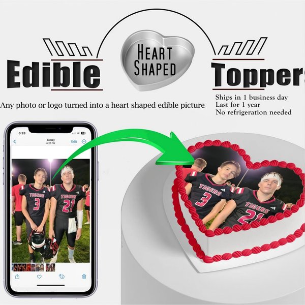 Custom Edible heart shaped photo cake pictures on frosting or burnable wafer paper. Print my graduation, wedding, birthday images sugar
