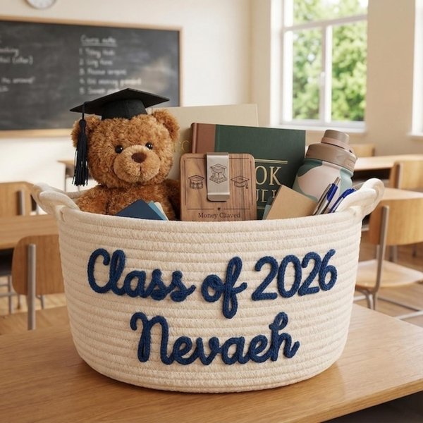 Panier de remise de diplôme 2026 personnalisé avec nom, cadeau de remise de diplôme de la promotion 2026 pour elle/homme