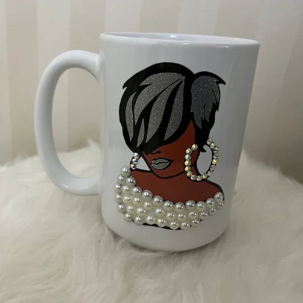 Custom Handcrafted Black Girl Pearl Mug with Name, 15oz Silver Hair Girl Rhinestone Mug, Black Culture Bling Coffee Mug, Birthday Gift for Her