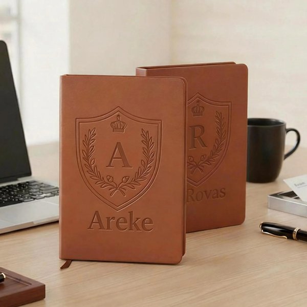 Personalized Shield Crest PU Leather Notebook with Initial and Name Daily Use Birthday Gift for Man