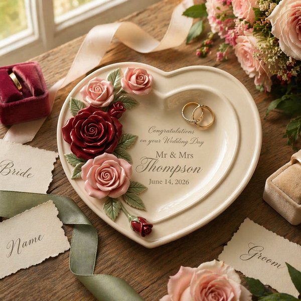 Personalized Handmade Wedding Jewelry Dish with Name Date and Birth Flower, Heart-Shaped Ceramic Ring Plate, Wedding Gift for Bridesmaids/Bride