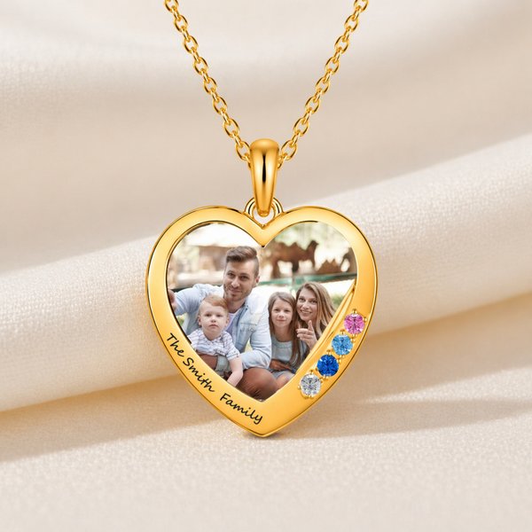 Personalized Heart Photo Necklace with Birthstones & Name, 2–6 Stone Family Jewelry, Mother's Day/Birthday Gift for Mom