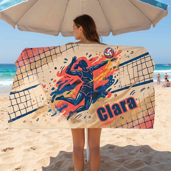 Serviette de plage de volley-ball personnalisée avec nom, serviette de piscine douce et respectueuse de la peau, favori de fête de vacances, cadeau d'anniversaire pour joueur de volley-ball/amoureux d