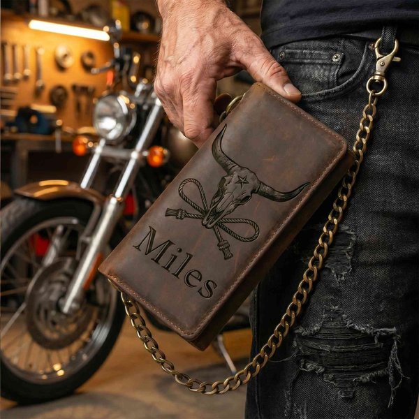 Personalized Name Western Cowboy Style Leather Tri-Fold Wallet with Chain, Birthday/Anniversary Gift for Husband/Dad/Grandfather