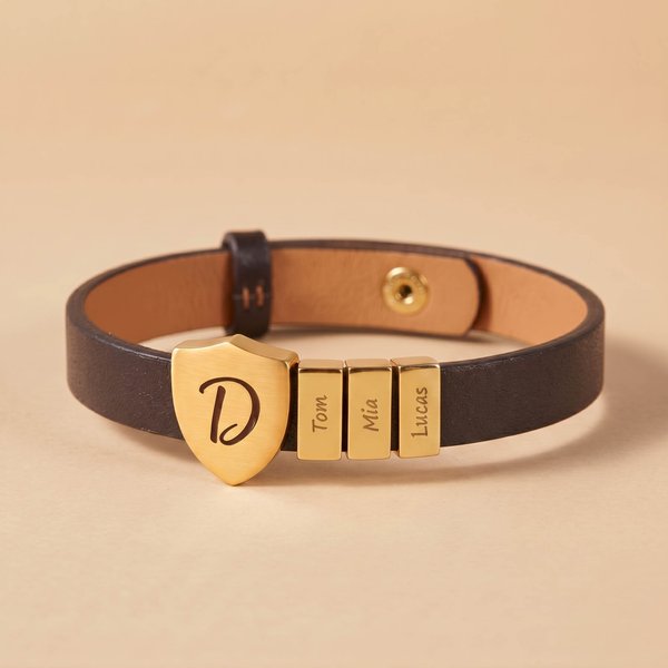 Bracelet en cuir avec bouclier personnalisé pour papa avec les noms et initiales des enfants, cadeau de fête des pères/anniversaire pour papa/mari/grand-père